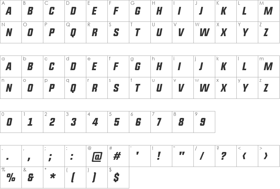 UPBOLTERS font character map preview