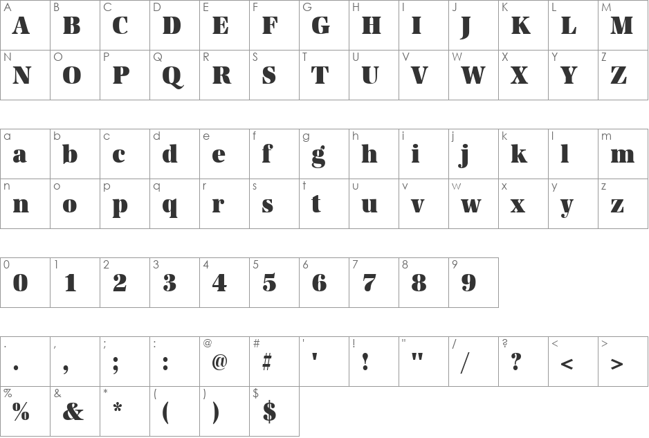 URWAntiquaTUltBolExtNar font character map preview