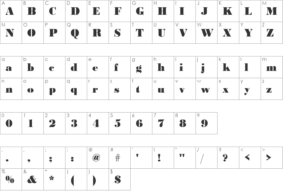 URWBodoniDExtBolNar font character map preview