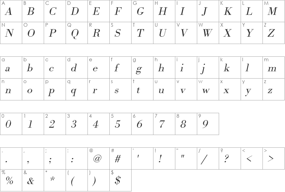 URWBodoniTLigWid font character map preview