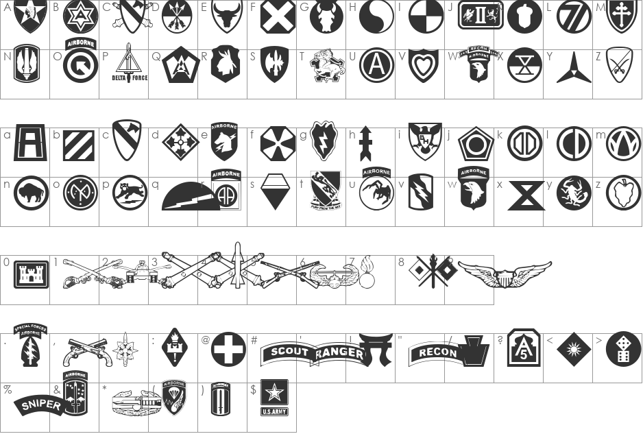 US Army II font character map preview