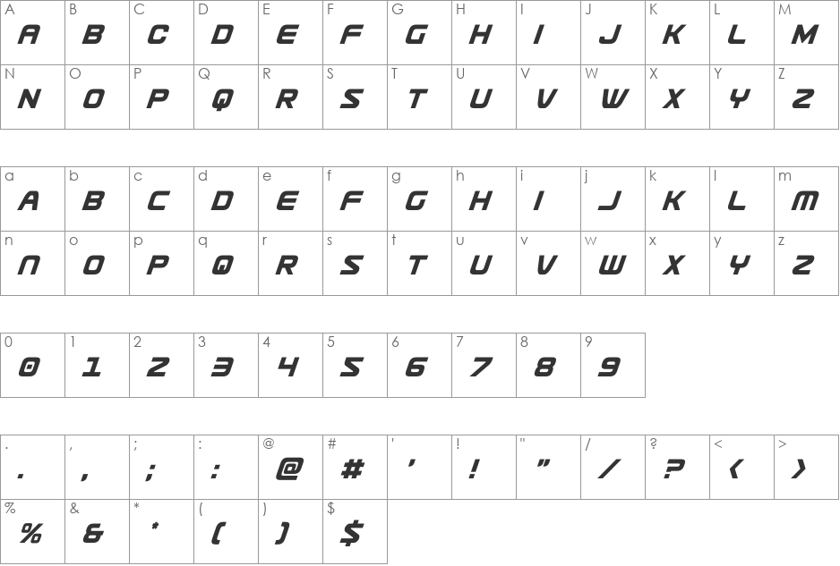 Usuzi Condensed Italic font character map preview
