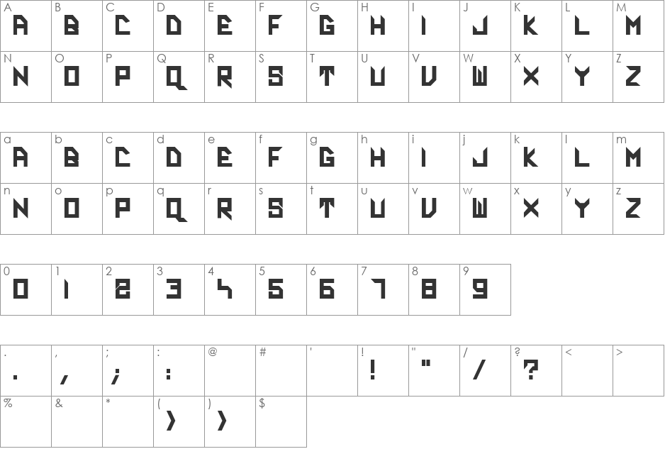 Vador font character map preview