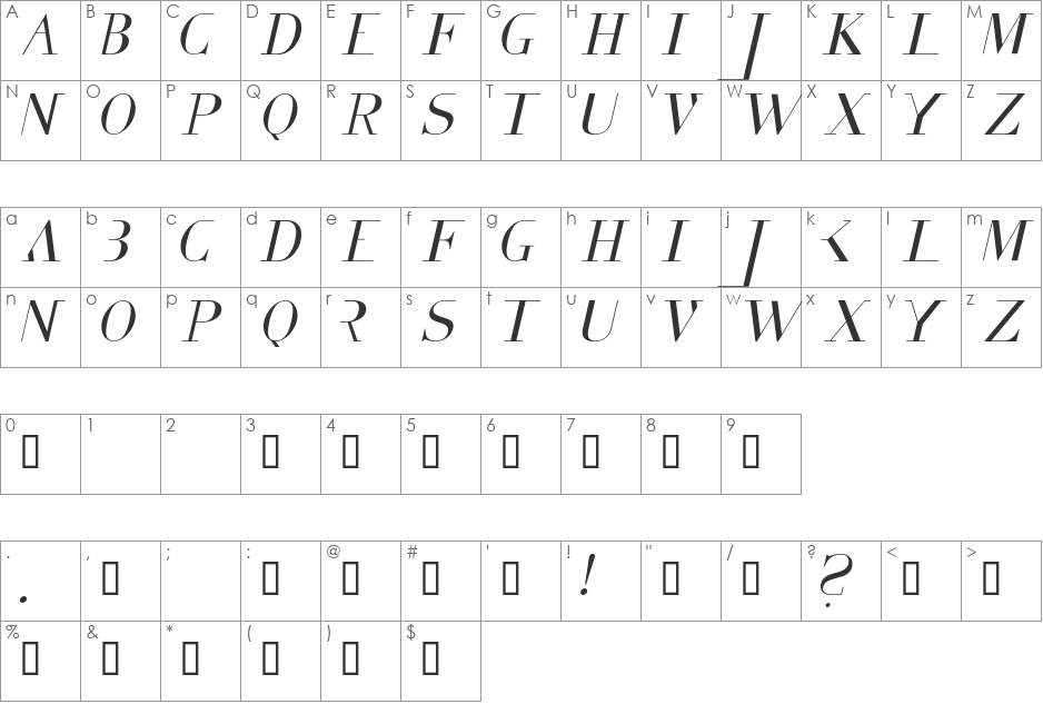 Vaganz font character map preview