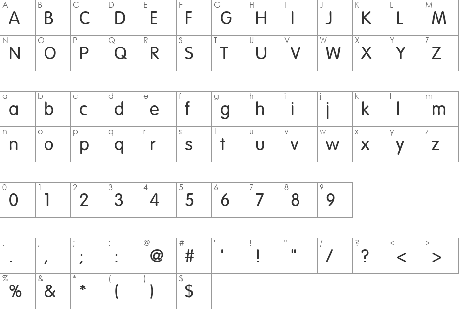 VagLight font character map preview