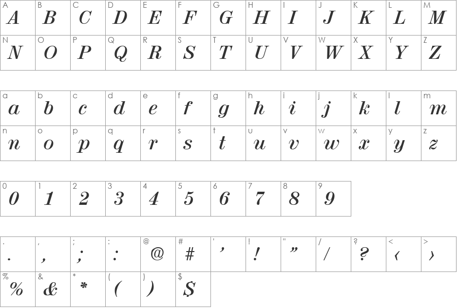 Valencia-DemiBoldIta font character map preview