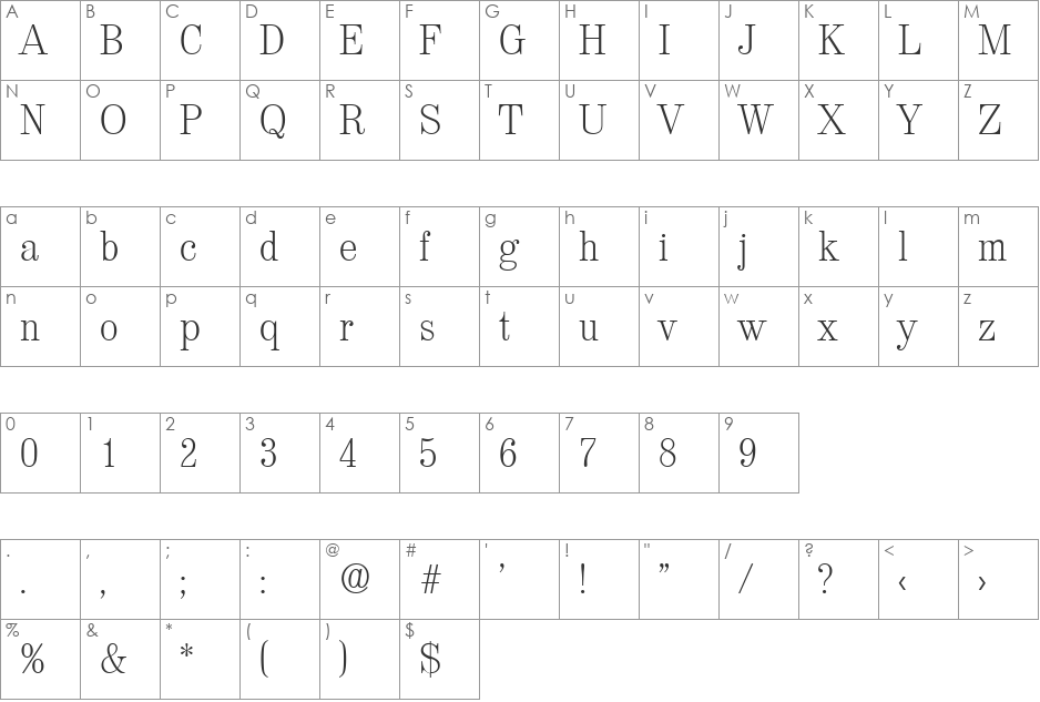 Valencia-Serial-ExtraLight font character map preview