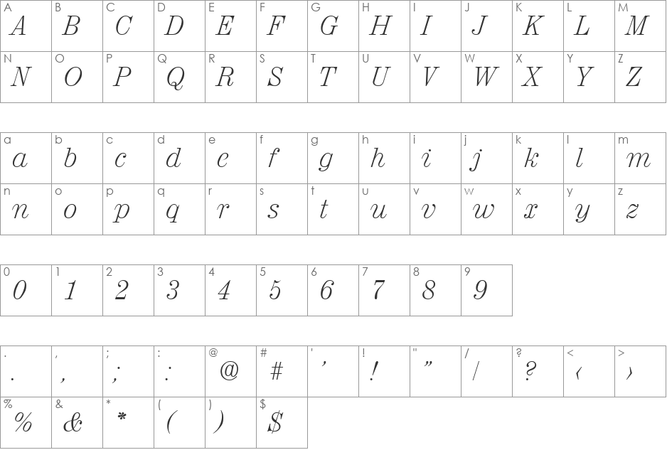 Valencia-XlightIta font character map preview