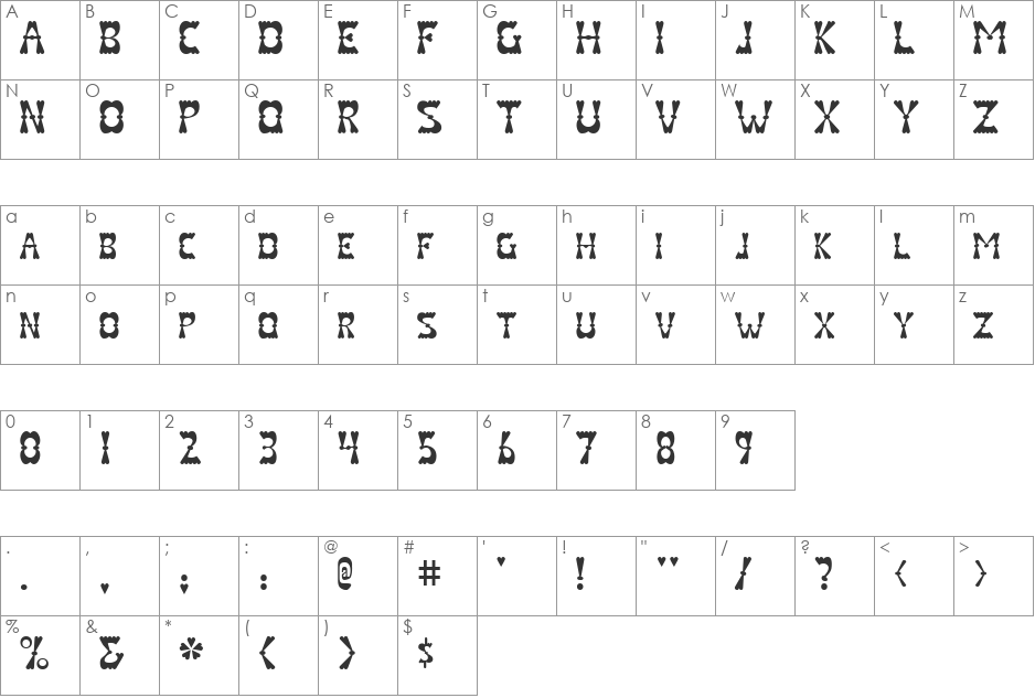 Valenteena font character map preview