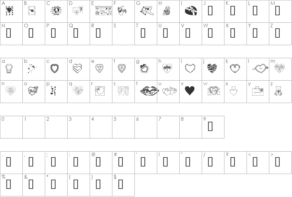 Valentine font character map preview