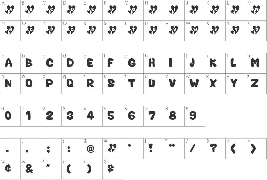 Valentine font character map preview