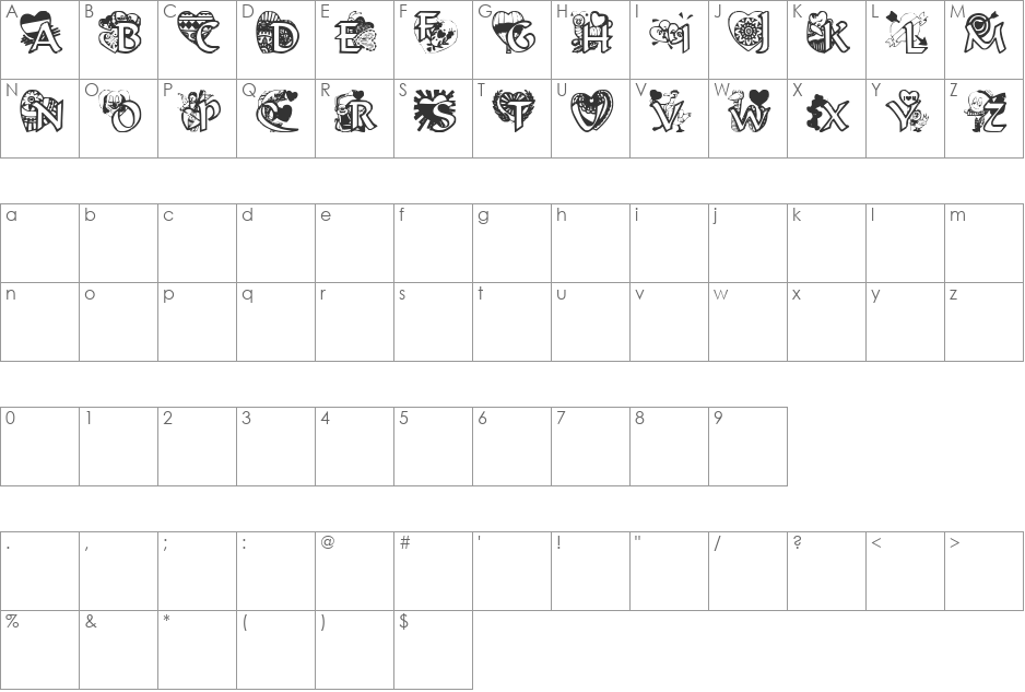 VALENTINEHEARTS font character map preview