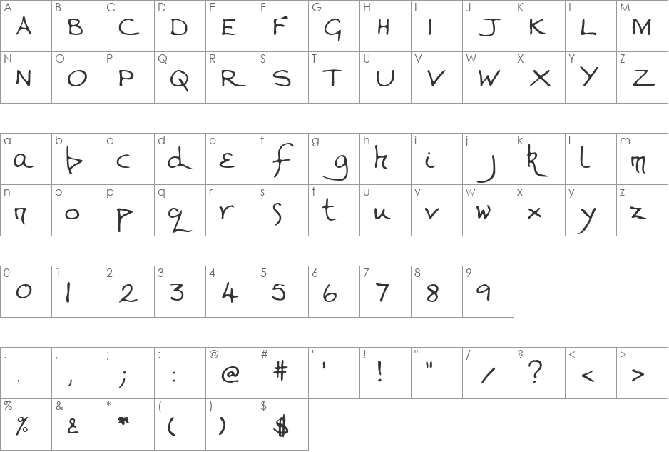 ValeriesHand font character map preview