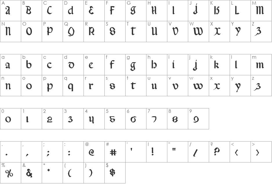 Valerius font character map preview