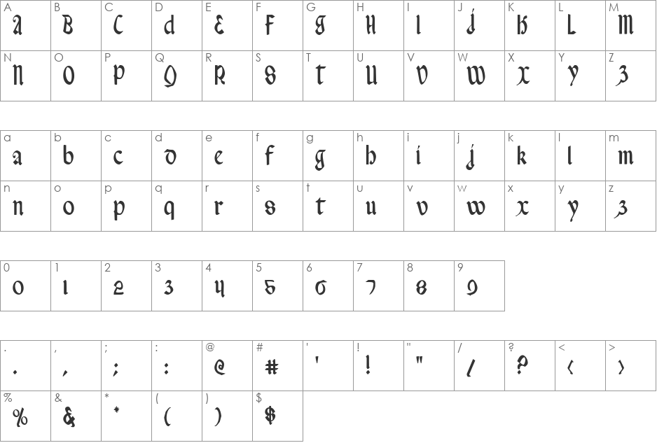 Valerius Condensed font character map preview