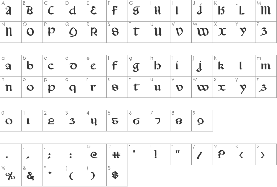 Valerius Expanded font character map preview