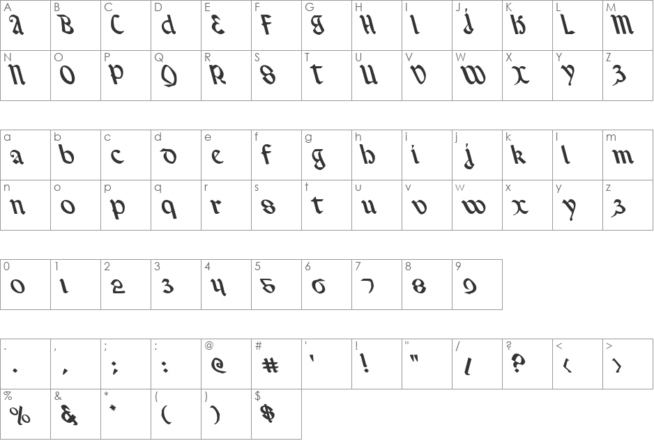 Valerius Leftalic font character map preview