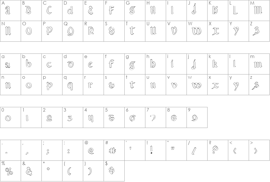 Valerius Outline font character map preview