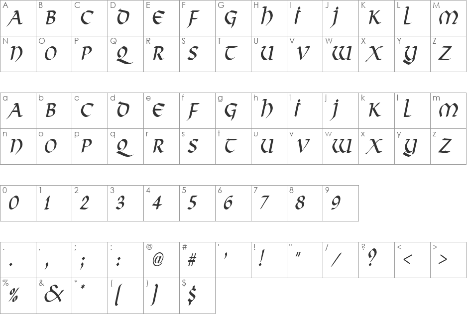 Valhalla Condensed font character map preview