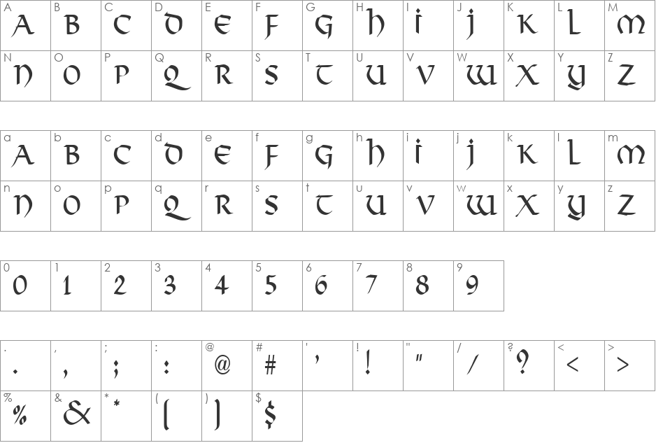 Valhalla-Condensed font character map preview
