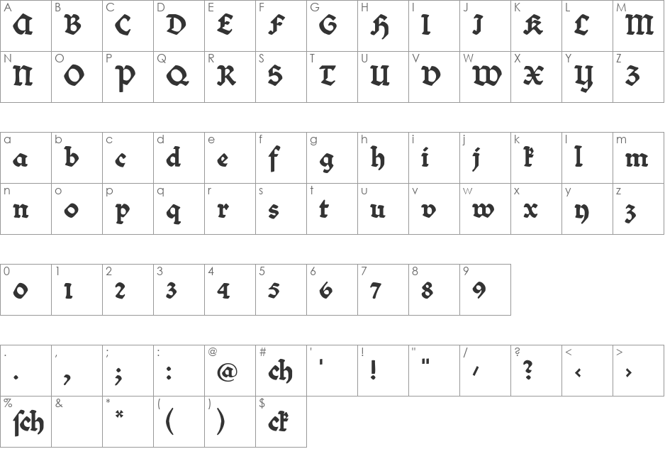 Bibelschrift font character map preview