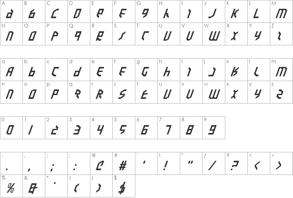 Valkyrie Expanded Italic font character map preview
