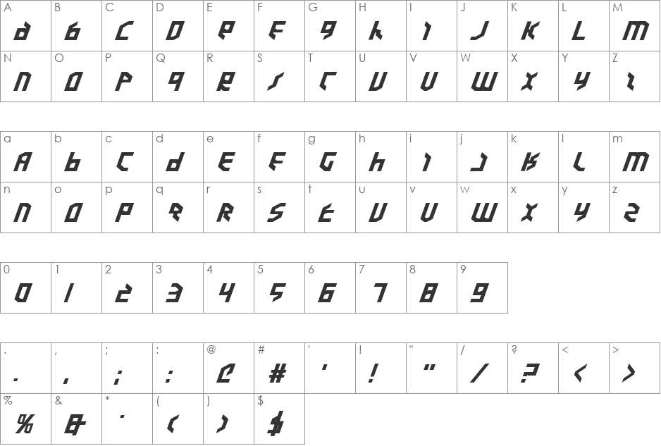 Valkyrie ExpBold Italic font character map preview