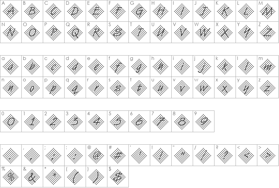 VanDijk45 Becker font character map preview