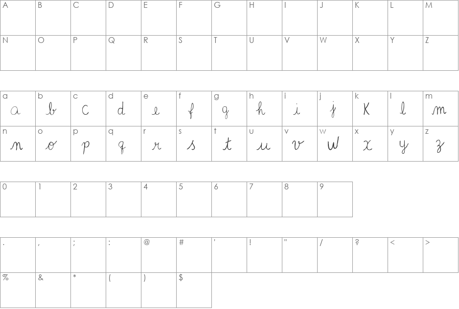 vani handwritten font character map preview