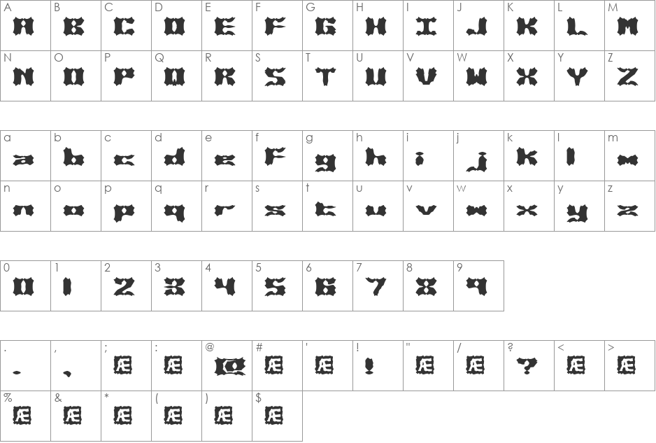 Vanished (BRK) font character map preview