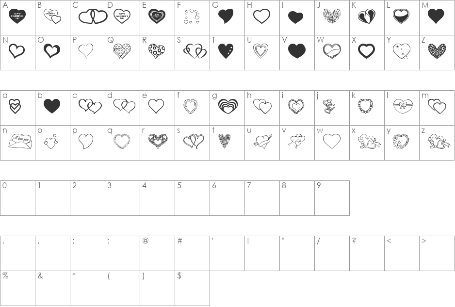 vanlentines day TFB font character map preview