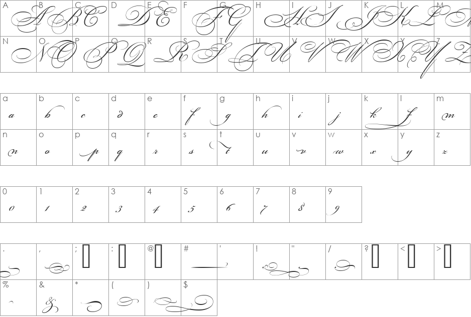 BickhamScriptFancy2 font character map preview