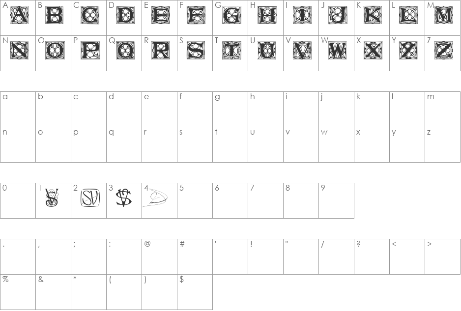 VarahCaps font character map preview