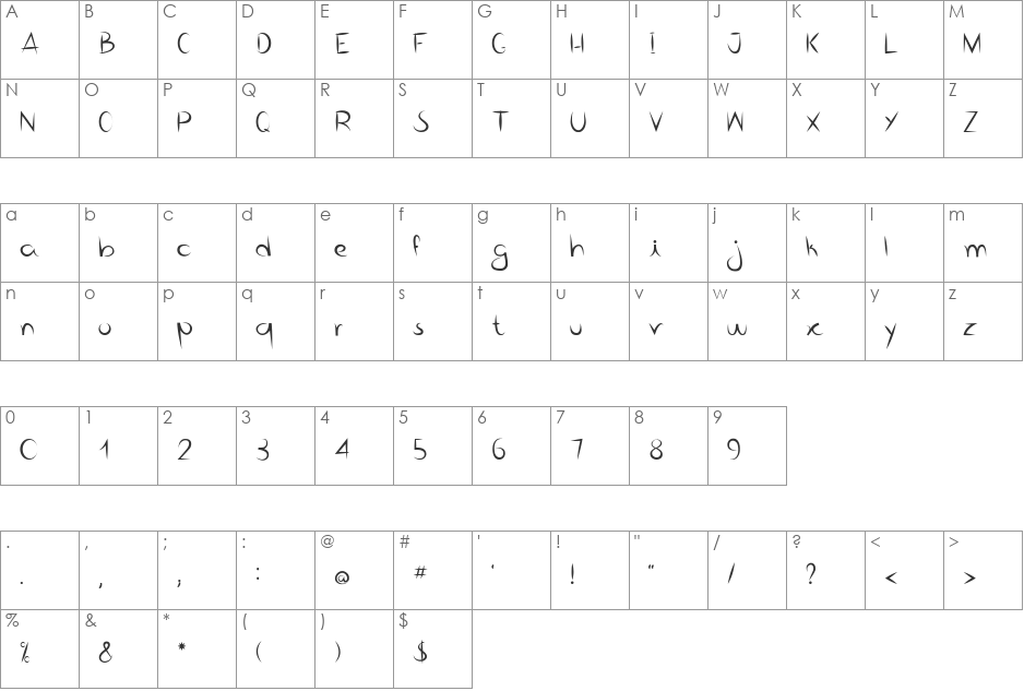 Bico de pena font character map preview