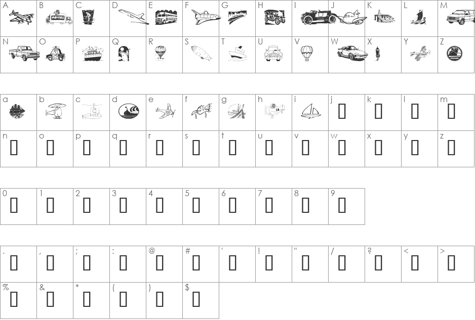 Vehicular font character map preview