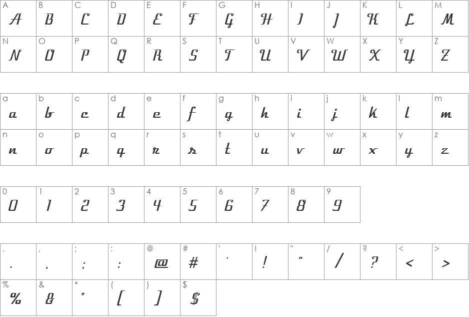 Velocette font character map preview