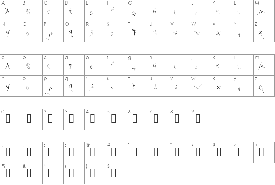 Velour font character map preview