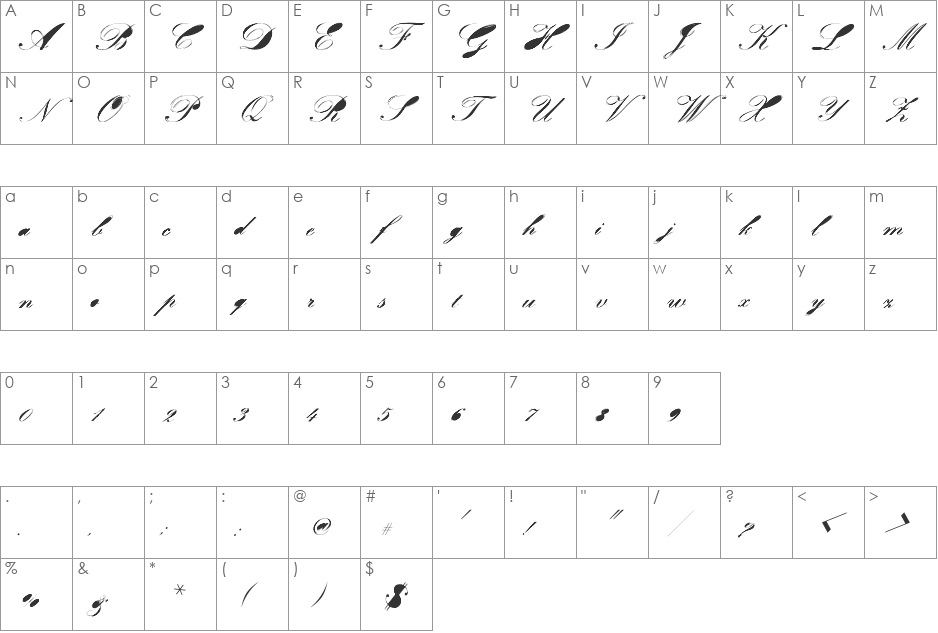 Velvet font character map preview