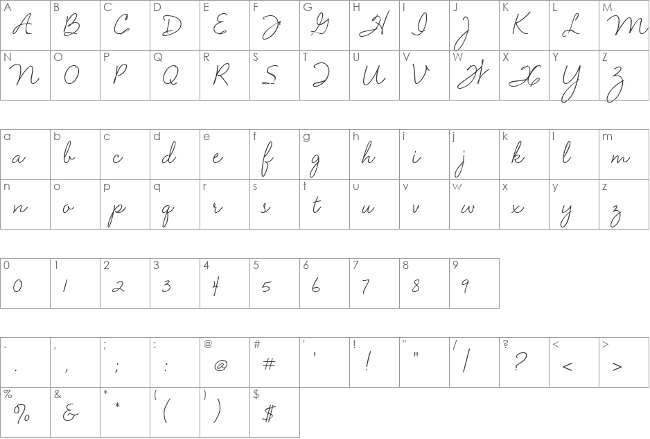 VelvetScript font character map preview
