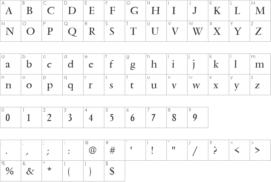 VendomeT font character map preview