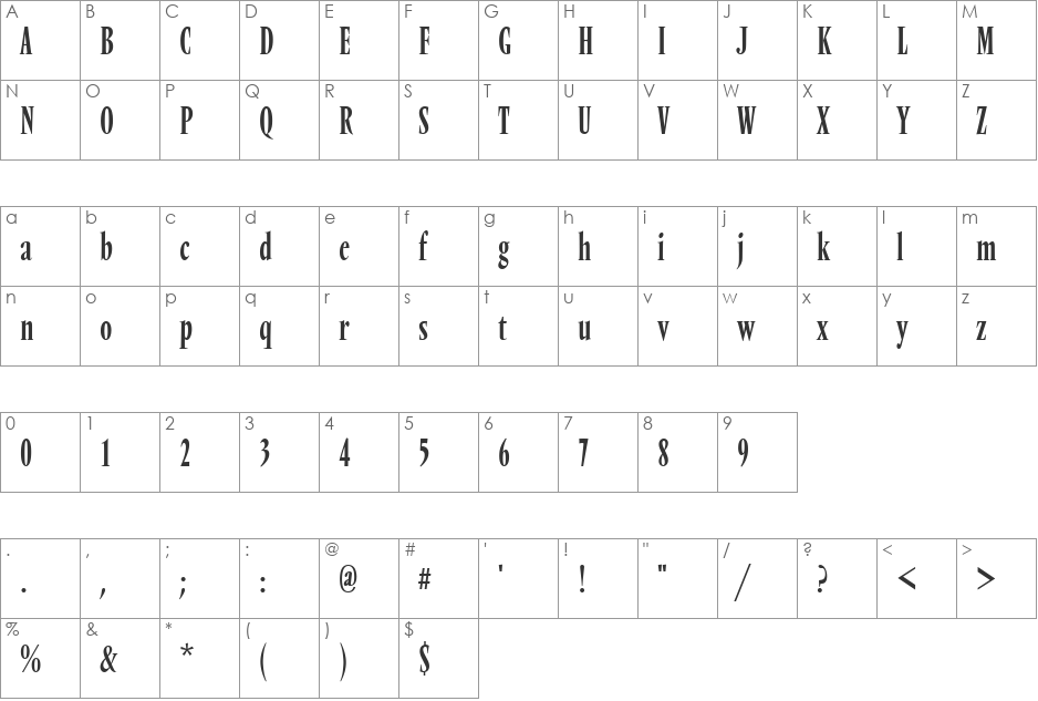 VendomeTRegCon font character map preview