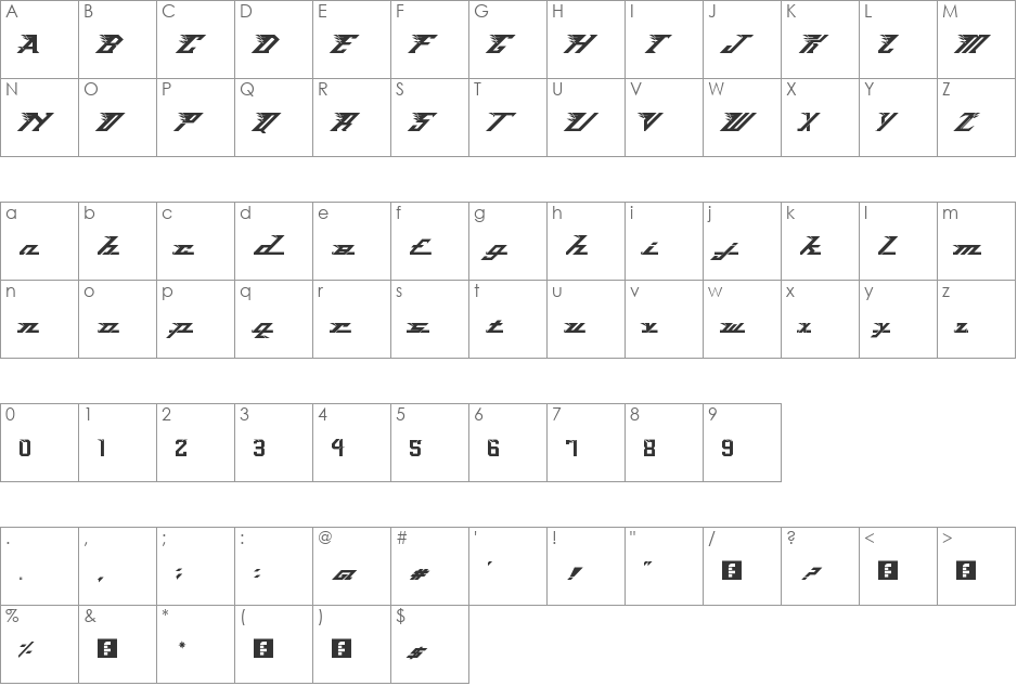 Vengeance font character map preview