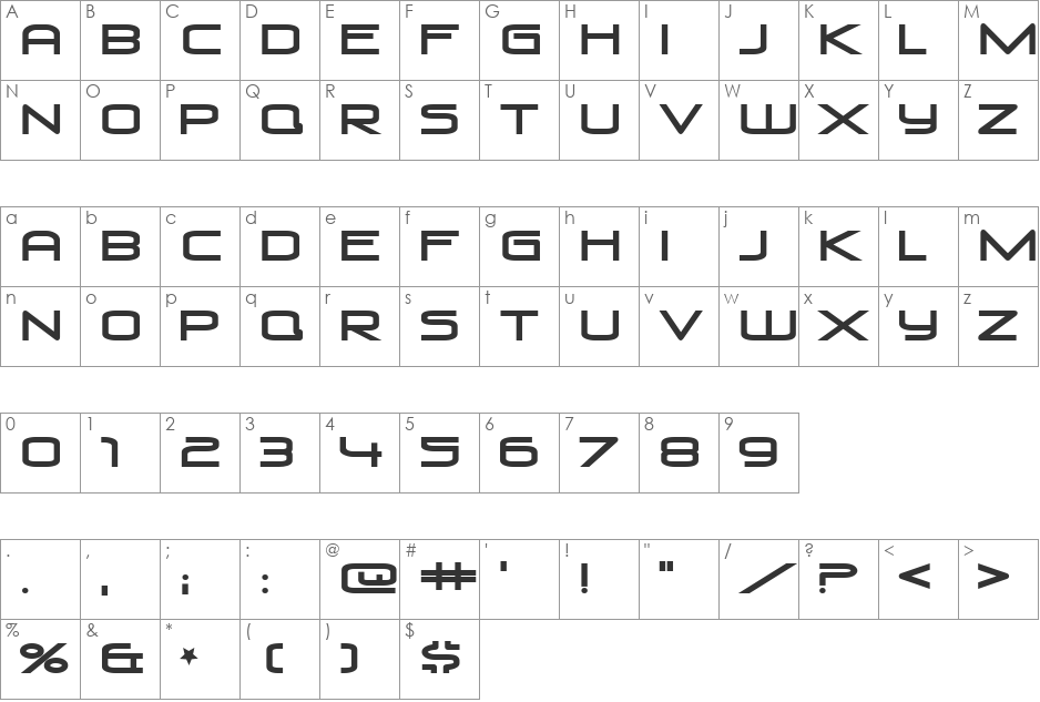 Venus Rising font character map preview