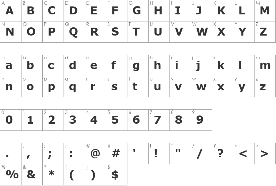 Verdana font character map preview