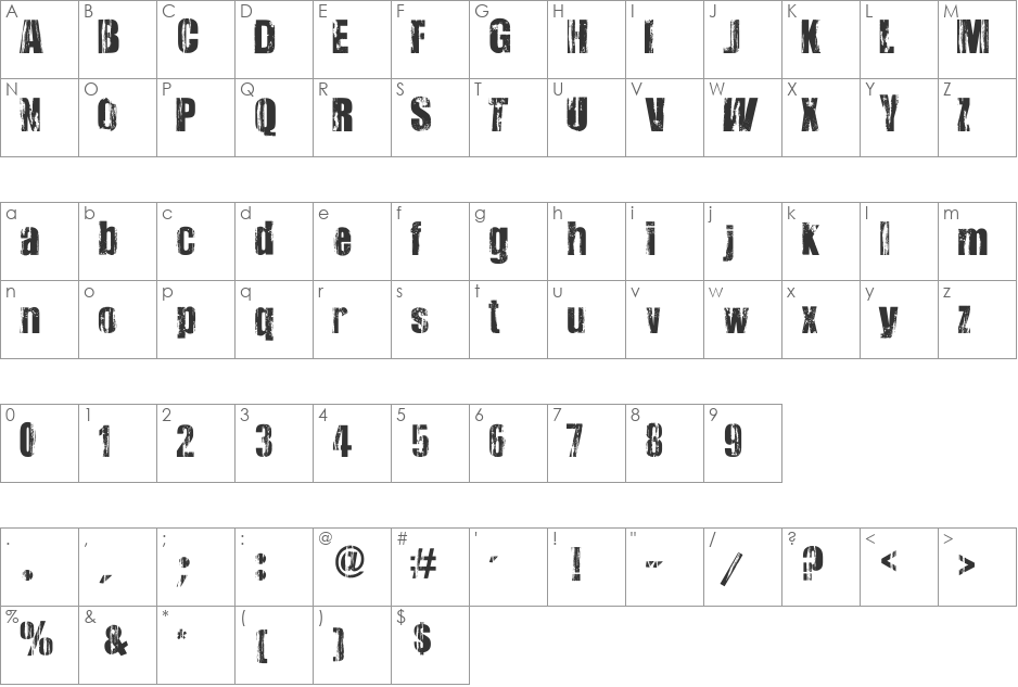 Very Damaged font character map preview