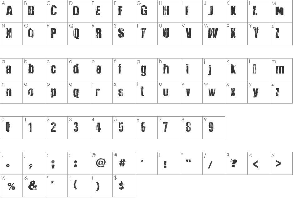 Very Damaged UL font character map preview