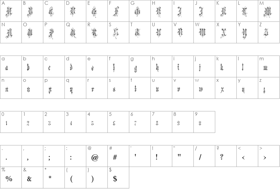 Verzierte Favorite font character map preview