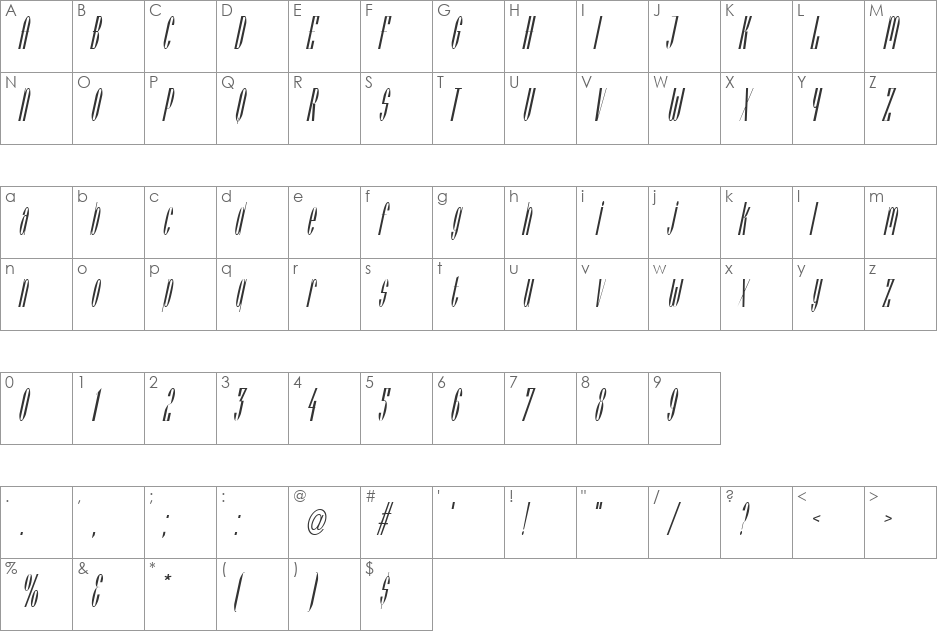 VieneseCondensed font character map preview
