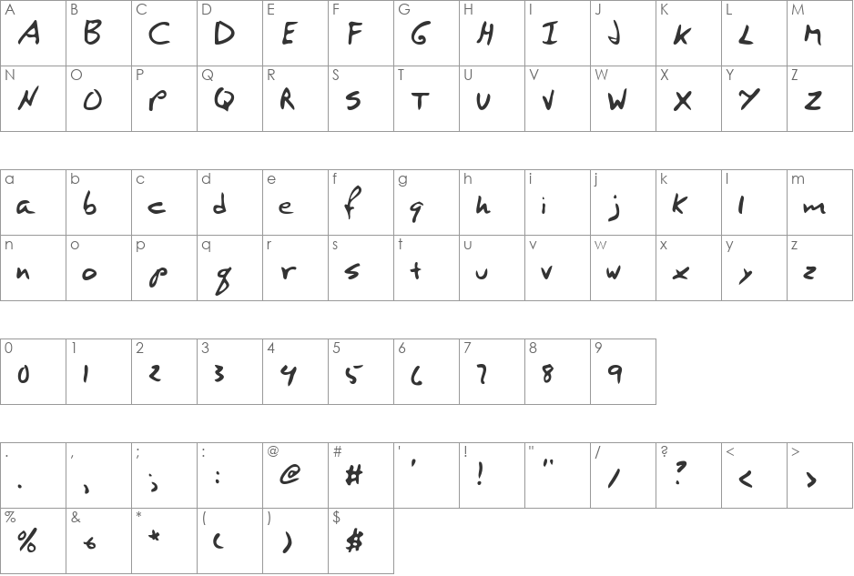 VincentsHand font character map preview
