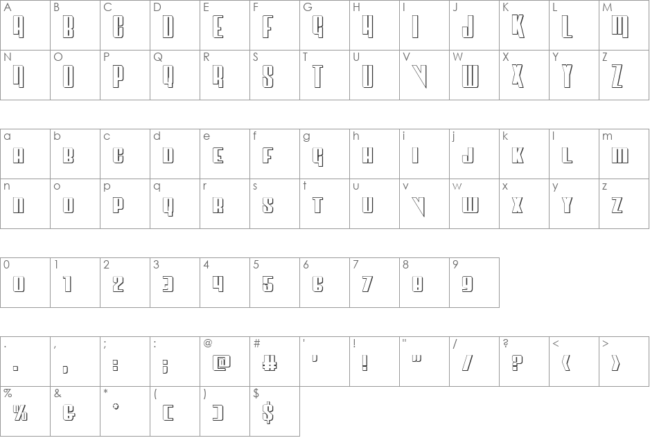 Vindicator 3D font character map preview